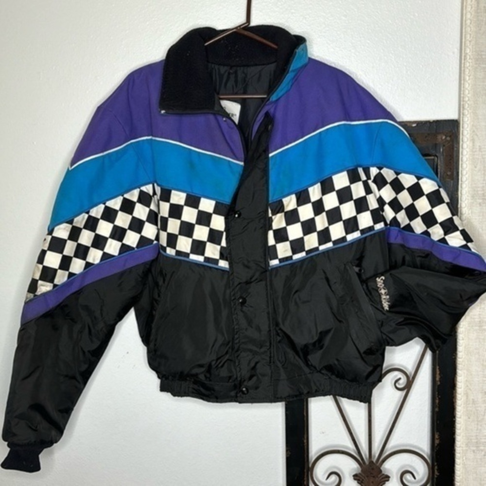 Ski Jacket Sz large Purple Black Checkerboard Vtg USA Sno Rider Thinsulate